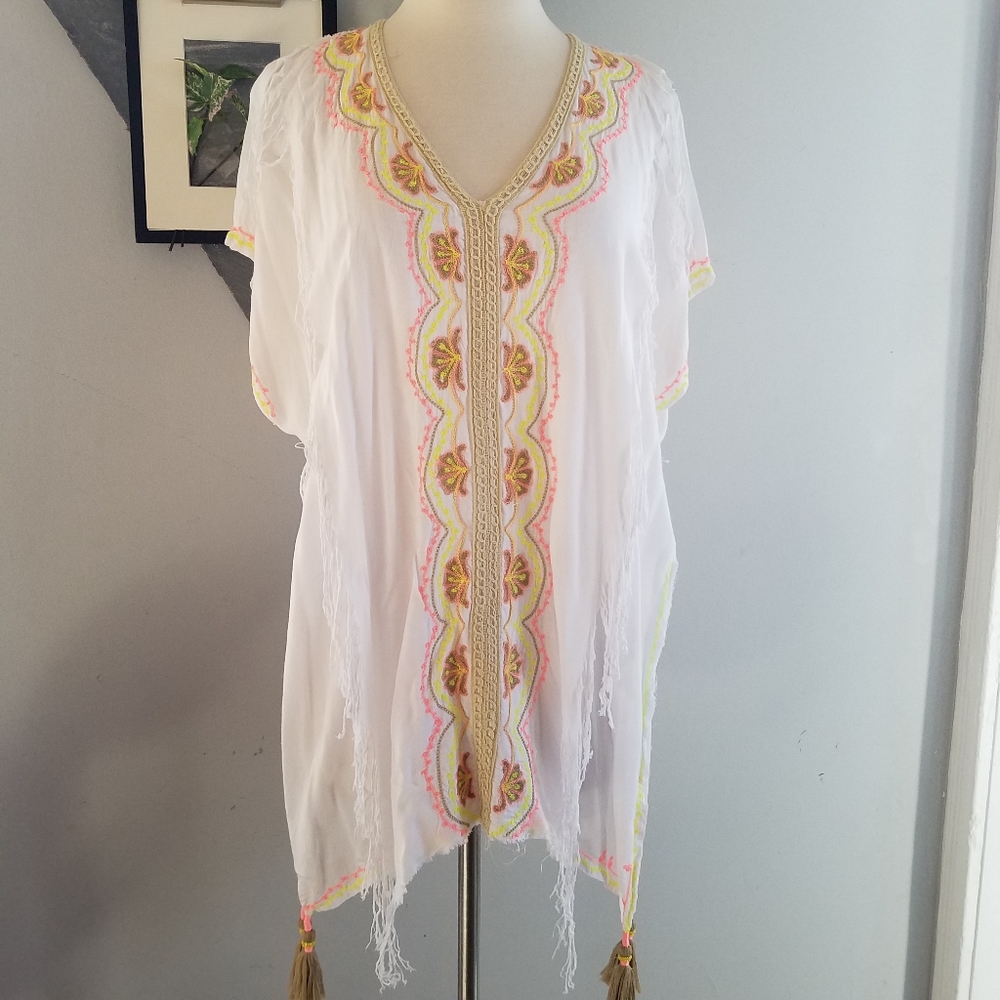 Skemo Embroidered Fringe Tunic Beach Swim Cover Up S - Picture 4 of 15
